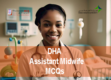 An Assistant Midwife in clinic advertising DHA Assistant Midwifery Prometric Licensing Exam MCQs
