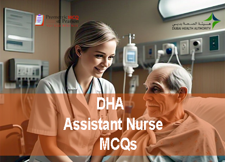 An Assistant Nurse with an old patient in clinic advertising DHA Assistant Nurse Prometric Licensing Exam MCQs