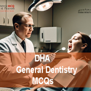 A dentist examining a patient in clinic and advertising DHA General Dentistry Prometric Licensing Exam MCQs