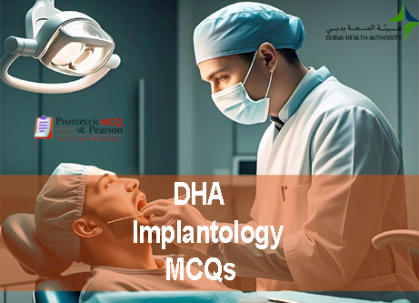 A dentist examining a patient in clinic and advertising DHA Implantology Prometric Licensing Exam MCQs