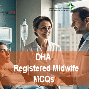A doctor with a patient and Registered Midwife in clinic advertising DHA Registered Midwife Prometric Licensing Exam MCQs