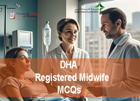 A doctor with a patient and Registered Midwife in clinic advertising DHA Registered Midwife Prometric Licensing Exam MCQs