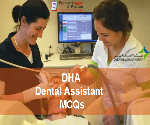 A Dental Assistants examining a patient in clinic and advertising DHA Dental Assistant Prometric Licensing Exam MCQs