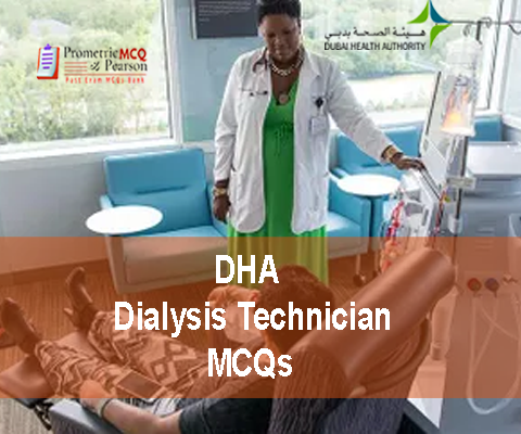 A Dialysis Technician examining a patient in clinic and advertising DHA Dialysis Technician & Technologist Prometric Licensing Exam MCQs