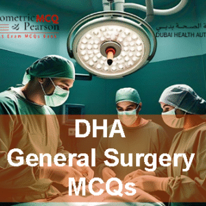 A team of general surgeons examining a patient and advertising DHA General Surgery Prometric Licensing Exam MCQs