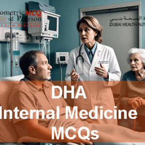 A doctor with two patients in hospital advertising DHA Internal Medicine Prometric Licensing Exam MCQs