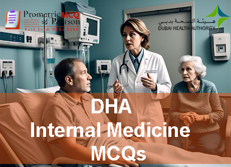A doctor with two patients in hospital advertising DHA Internal Medicine Prometric Licensing Exam MCQs