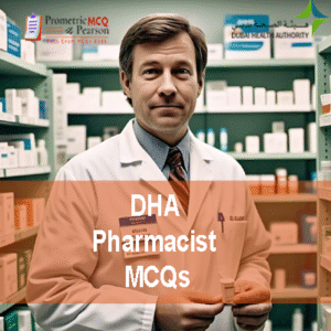 A Pharmacist in pharmacy clinic advertising DHA Pharmacist Prometric Licensing Exam MCQs