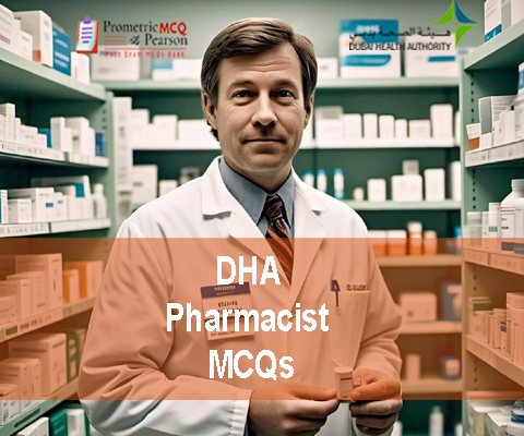A Pharmacist in pharmacy clinic advertising DHA Pharmacist Prometric Licensing Exam MCQs