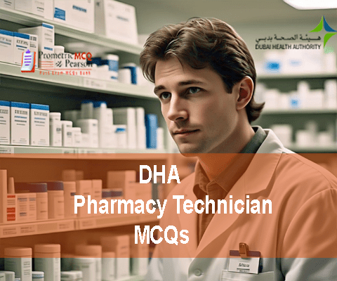 A Pharmacy Technician in Pharmacy clinic advertising DHA Pharmacy Technician Prometric Licensing Exam MCQs