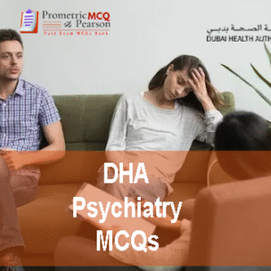 a psychiatrist specialist with two patients in clinic advertising DHA Psychiatry Prometric Licensing Exam MCQs