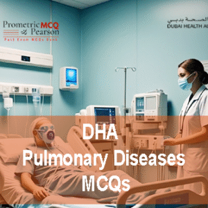 A pulmonologist in clinic with a patient advertising DHA Pulmonary Diseases Prometric Licensing Exam MCQs