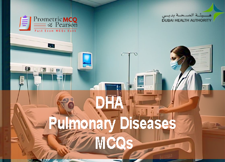 A pulmonologist in clinic with a patient advertising DHA Pulmonary Diseases Prometric Licensing Exam MCQs