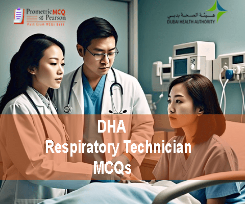 A team of Respiratory Technicians & Therapists in clinic examining a patient and advertising DHA Respiratory Therapist & Technician Prometric Licensing Exam MCQs