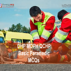 A team of Paramedics examining a patient and advertising DHP MOPH QCHP Basic Paramedic Prometric Licensing Exam MCQs