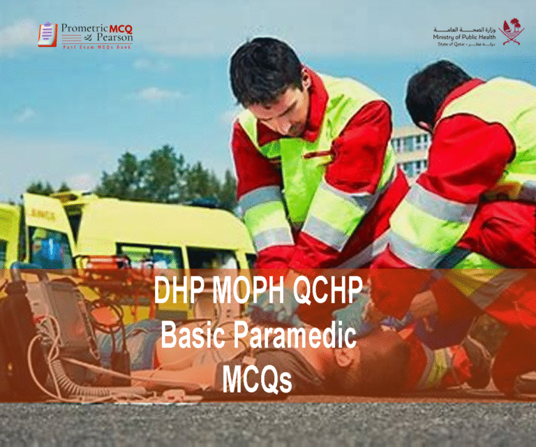 A team of Paramedics examining a patient and advertising DHP MOPH QCHP Basic Paramedic Prometric Licensing Exam MCQs