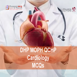 A Cardiologist specialist with a heart in his hand and advertising DHP MOPH QCHP Cardiology Prometric Licensing Exam MCQs