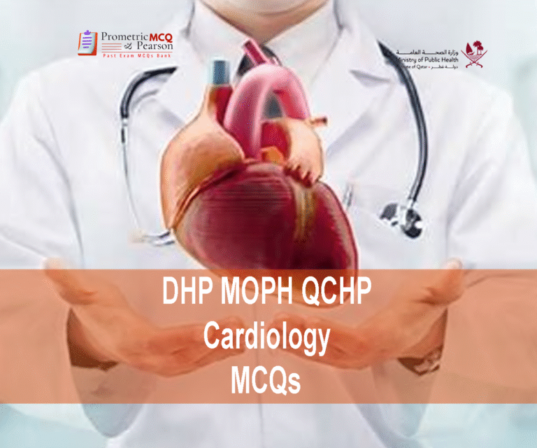 A Cardiologist specialist with a heart in his hand and advertising DHP MOPH QCHP Cardiology Prometric Licensing Exam MCQs