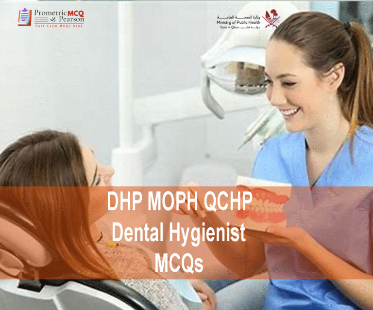 A Dental Hygienist in clinic examining a patient and advertising DHP MOPH QCHP Dental Hygienist Prometric Licensing Exam MCQs