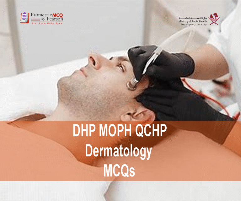 A dermatologist specialist examining a patient and advertising DHP MOPH QCHP Dermatology Prometric Licensing Exam MCQs