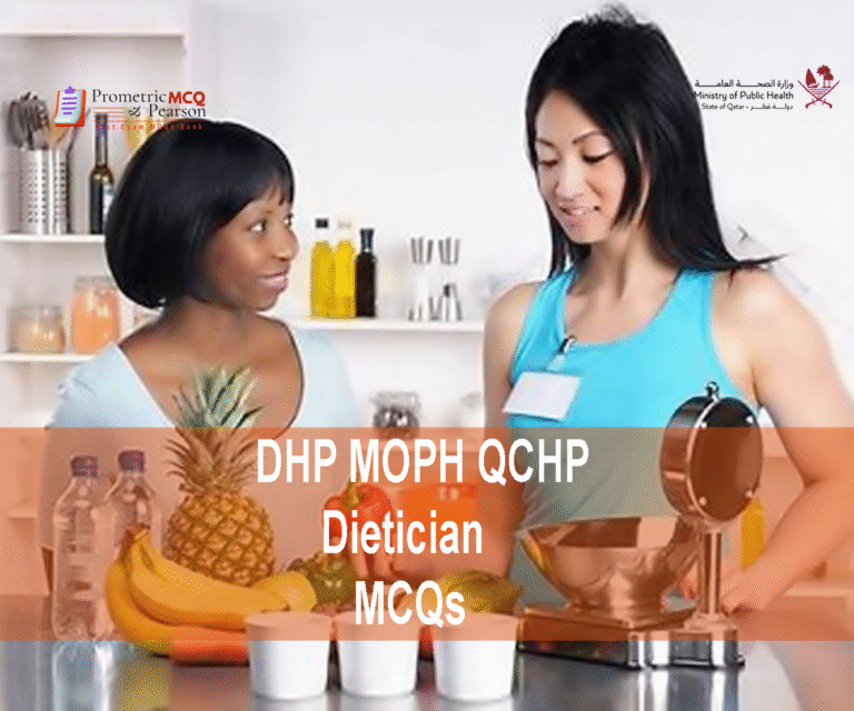 A Dietician examining a patient in clinic and advertising DHP MOPH QCHP Dietician Prometric Licensing Exam MCQs