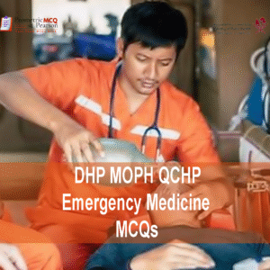 An Emergency Medicine Specialist Examining a patient and advertising DHP MOPH QCHP Emergency Medicine Prometric Licensing Exam MCQs