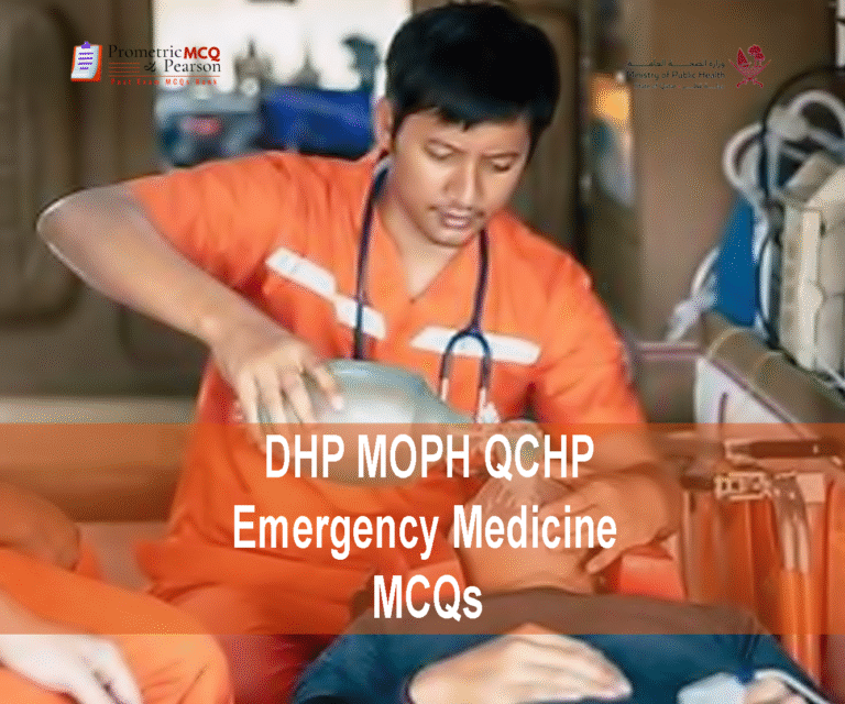 An Emergency Medicine Specialist Examining a patient and advertising DHP MOPH QCHP Emergency Medicine Prometric Licensing Exam MCQs