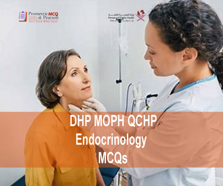 An Endocrinologist examining a patient in clinic and advertising DHP MOPH QCHP Endocrinology Prometric Licensing Exam MCQs