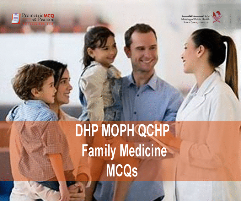 A family medicine specialist doctor with a family in clinic advertising DHP MOPH QCHP Family Medicine Prometric Licensing Exam MCQs
