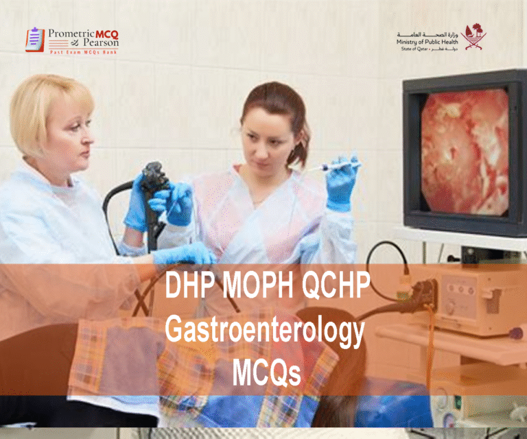 A Gastroenterologist specialist examining a patient & advertising DHP MOPH QCHP Gastroenterology Prometric Licensing Exam MCQs