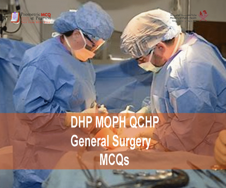 A team of General Surgeons examining a patient and advertising DHP MOPH QCHP General Surgery Prometric Licensing Exam MCQs
