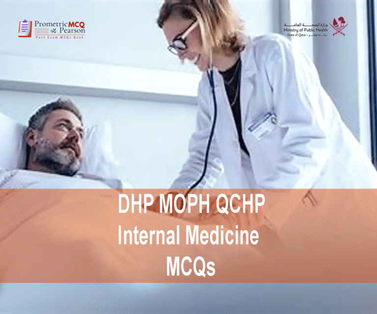 An Internal Medicine specialist examining a patient and advertising DHP MOPH QCHP Internal Medicine MCQs