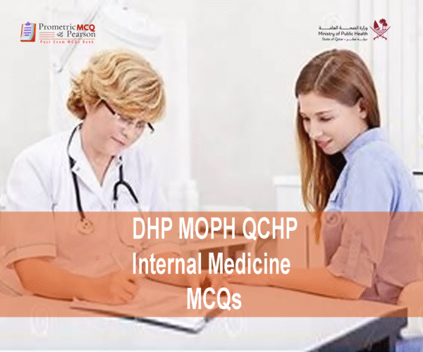 An Internal Medicine specialist examining a patient and advertising DHP MOPH QCHP Internal Medicine MCQs