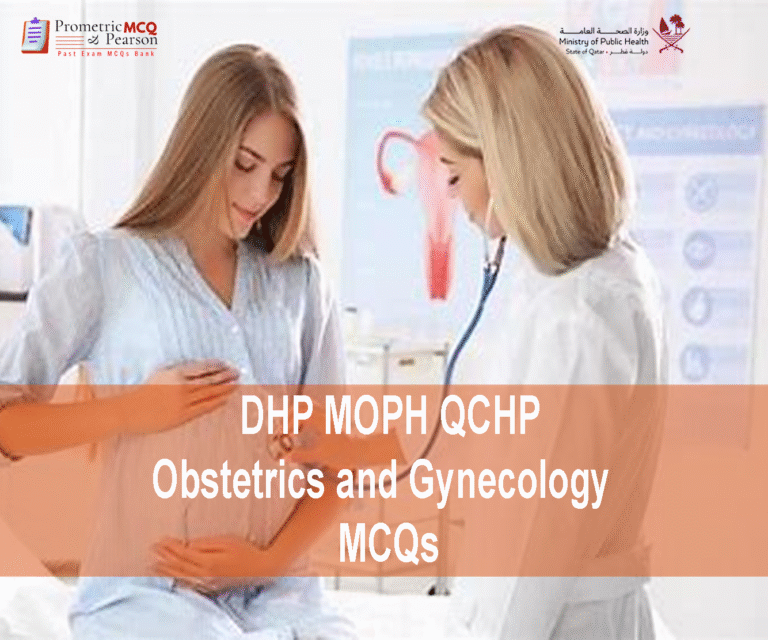 a specialist gynecologist examining a pregnant lady and advertising DHP MOPH QCHP Obstetrics and Gynecology Prometric Licensing Exam MCQs
