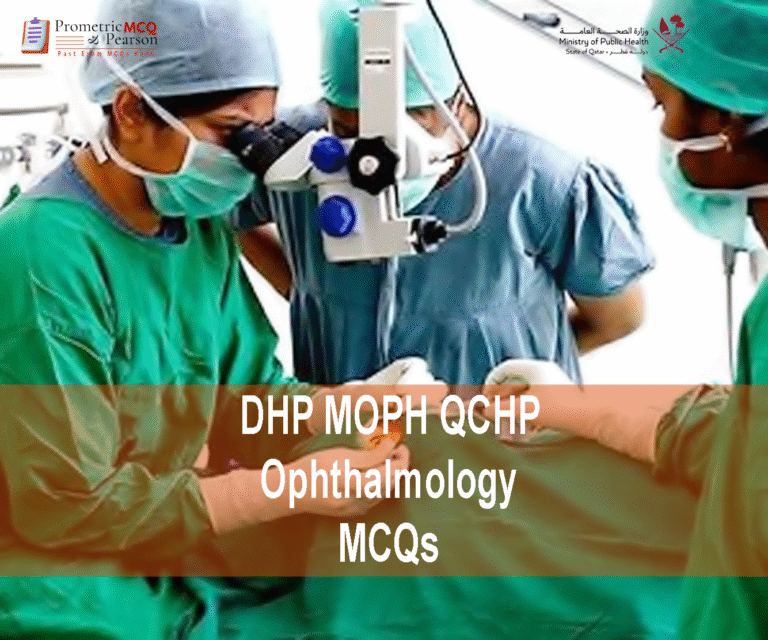 a team of Ophthalmologist surgeons examining a patient and advertising DHP MOPH QCHP Ophthalmology Prometric Licensing Exam MCQs