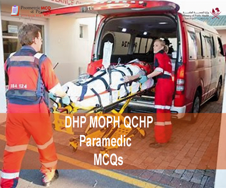 A team of Paramedics examining a patient and advertising DHP MOPH QCHP Basic Paramedic Prometric Licensing Exam MCQs