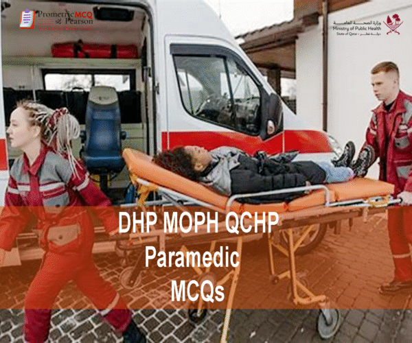 A team of Paramedics examining a patient and advertising DHP MOPH QCHP Paramedic Prometric Licensing Exam MCQs