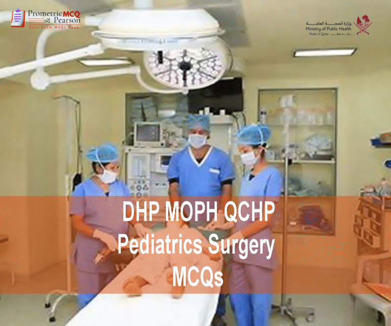 A team of Pediatric Surgeon examining a patient & advertising DHP MOPH QCHP Pediatric Surgery Prometric Licensing Exam MCQs