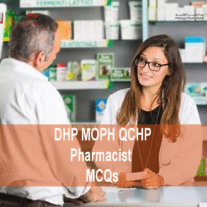 A pharmacist in clinic with a patient and advertising DHP MOPH QCHP Pharmacist Prometric Licensing Exam MCQs