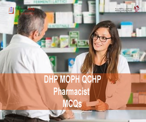 A pharmacist in clinic with a patient and advertising DHP MOPH QCHP Pharmacist Prometric Licensing Exam MCQs