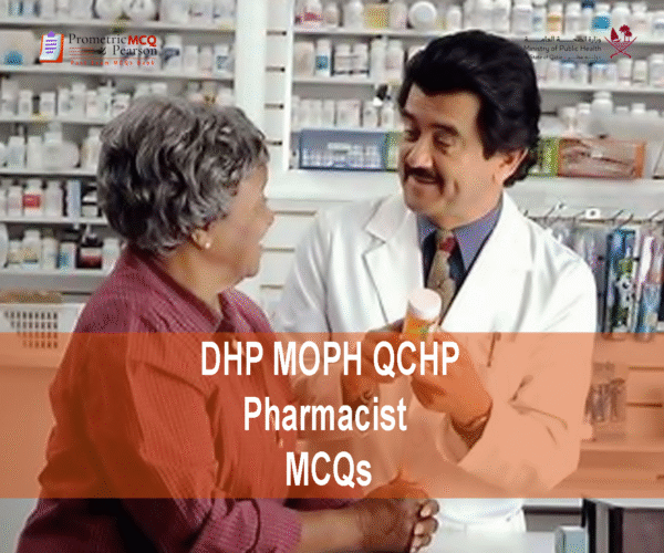 A pharmacist in clinic with a patient and advertising DHP MOPH QCHP Pharmacist Prometric Licensing Exam MCQs