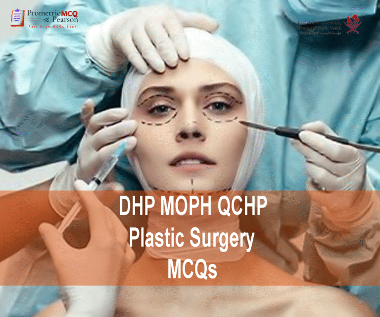 A team of Plastic Surgeons examining a patient's face & advertising DHP MOPH QCHP Plastic Surgery Prometric Licensing Exam MCQs