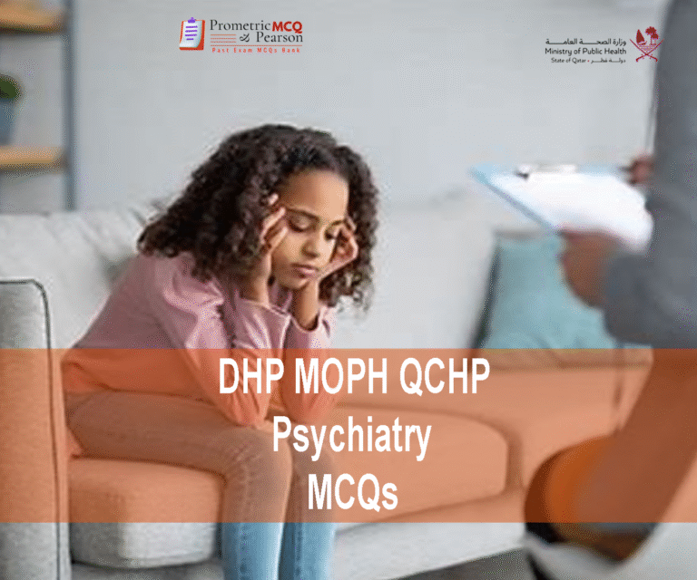 A Psychiatrist examining a depressed patient in clinic and advertising DHP MOPH QCHP Psychiatry Prometric Licensing Exam MCQs