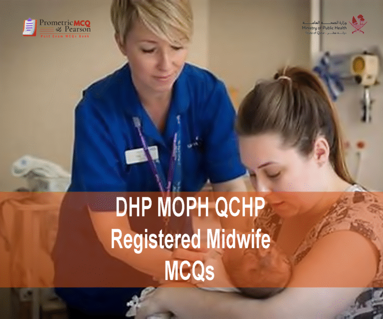 A Registered Midwife with a newborn baby and a mother advertising DHP MOPH QCHP Registered Midwife Prometric Licensing Exam MCQs