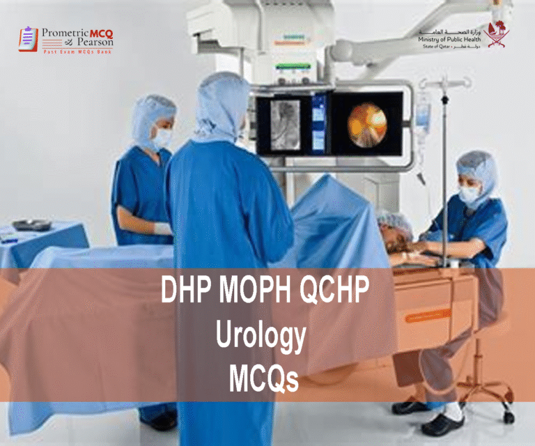 A team of specialist urologist surgeons in operation theater examining a patient & advertising DHP MOPH QCHP Urology Prometric Licensing Exam MCQs