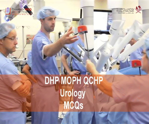 A team of specialist urologist surgeons in operation theater examining a patient & advertising DHP MOPH QCHP Urology Prometric Licensing Exam MCQs