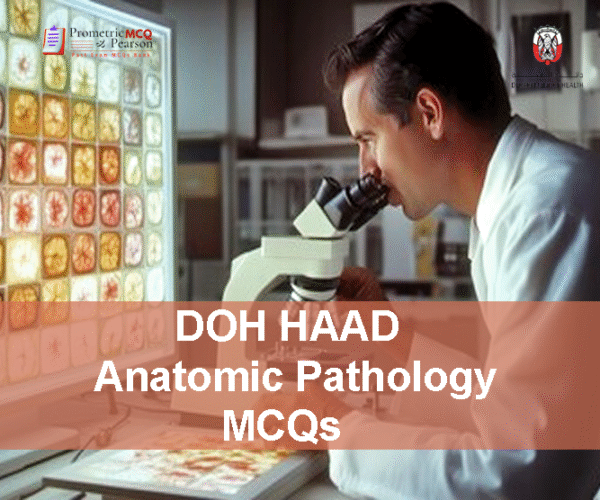 An Anatomic Pathologist in the lab with a microscope advertising DOH HAAD Anatomic Pathology Pearson Licensing Exam MCQs