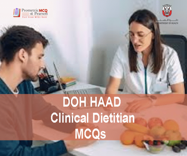 A patient & clinical Dietitian/Nutrition Doctor in clinic sitting & showing DOH HAAD Clinical Dietitian & Nutrition Pearson Licensing Exam MCQs