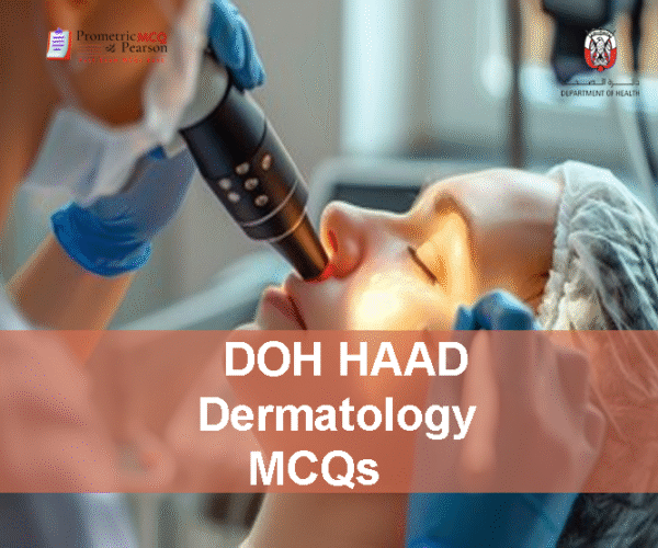 A dermatologist specialist examining a patient & advertising DOH HAAD Dermatology Pearson Licensing Exam MCQs
