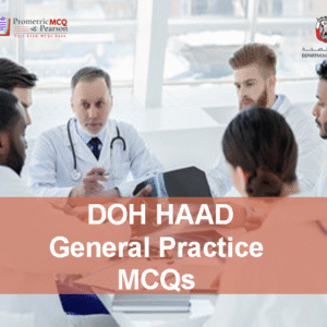 A team of medical professionals meeting in clinic and advertising DOH HAAD General Practitioner Pearson Licensing Exam MCQs